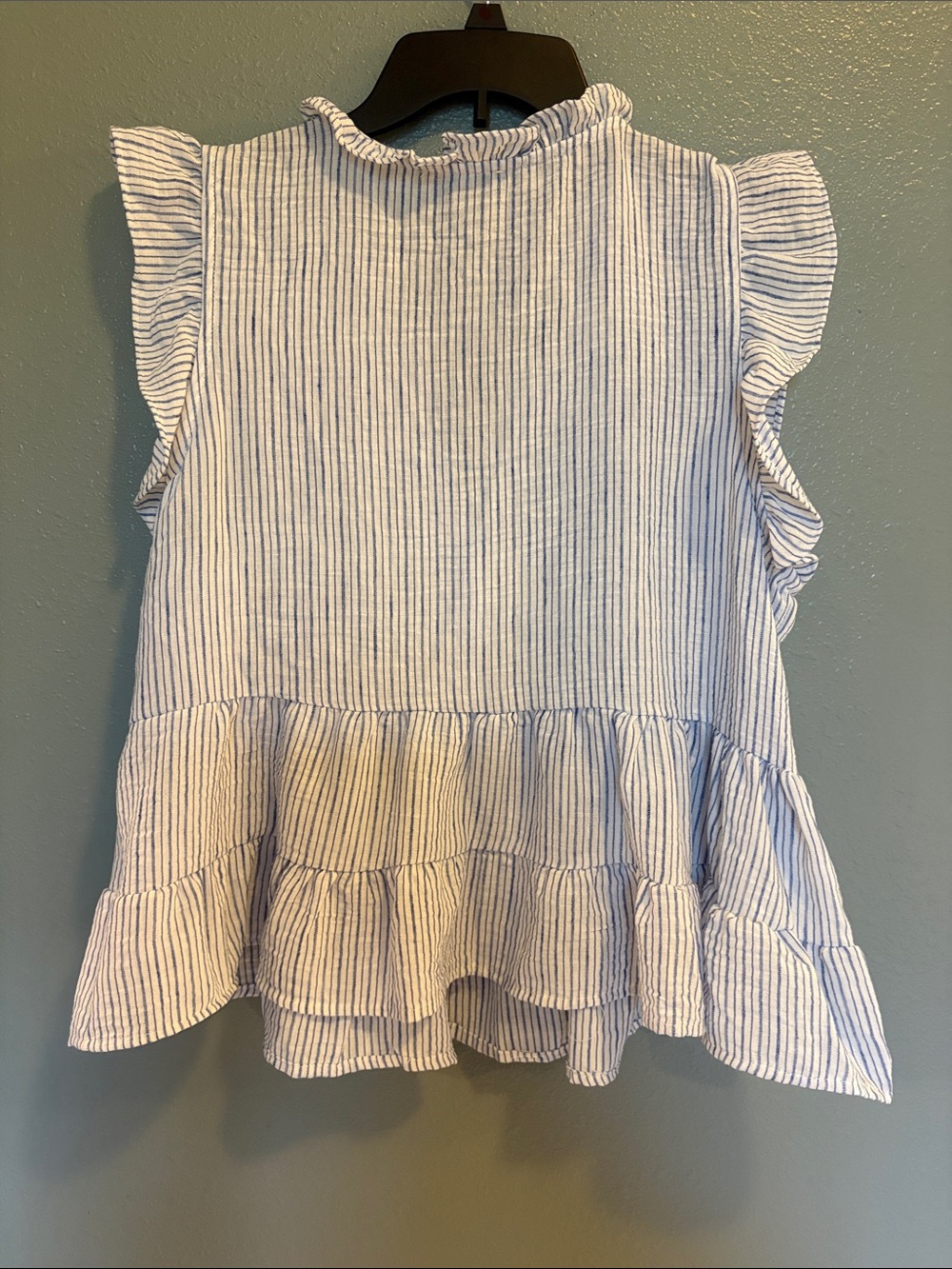 Blue Stripe Ruffle Sleeveless Button-Front Flowy Top - Picture 9 of 11